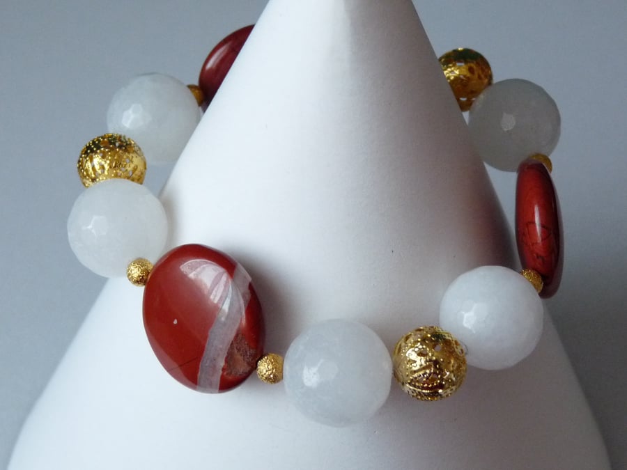 Red Jasper & White Quartzite Bracelet  - Handmade - Genuine Gemstone 