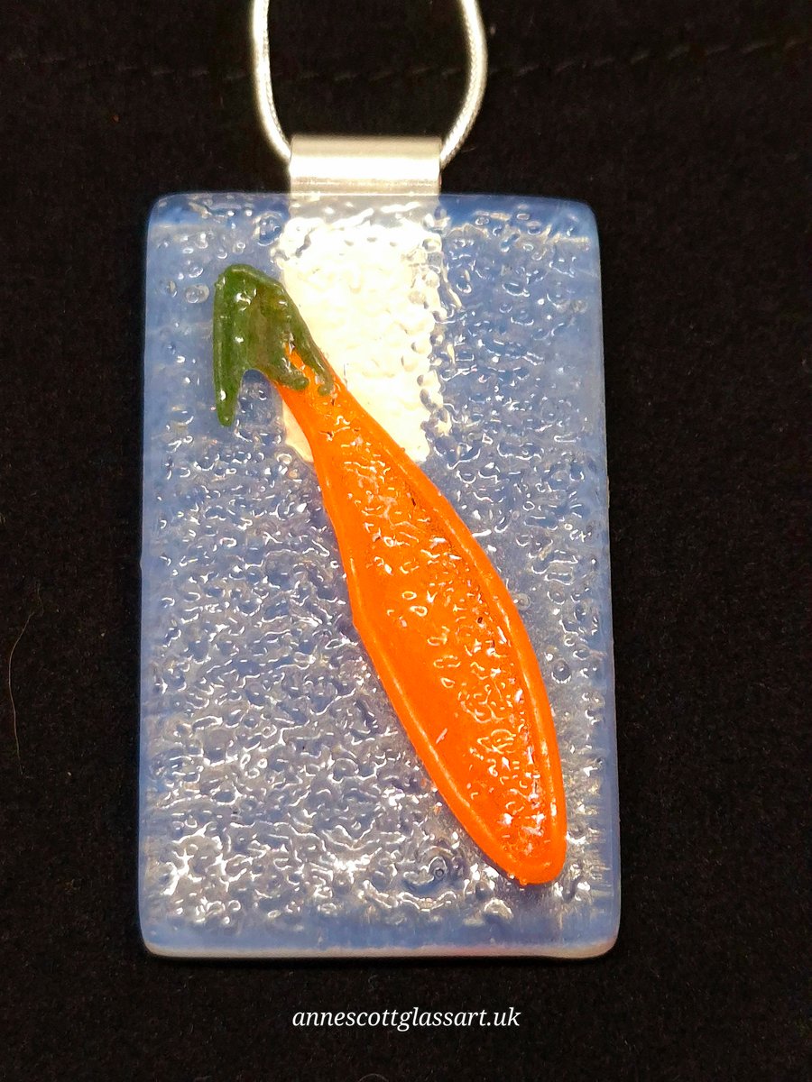 Handmade Fused Glass Botanical Pendant Necklace Orange Pansy Bud