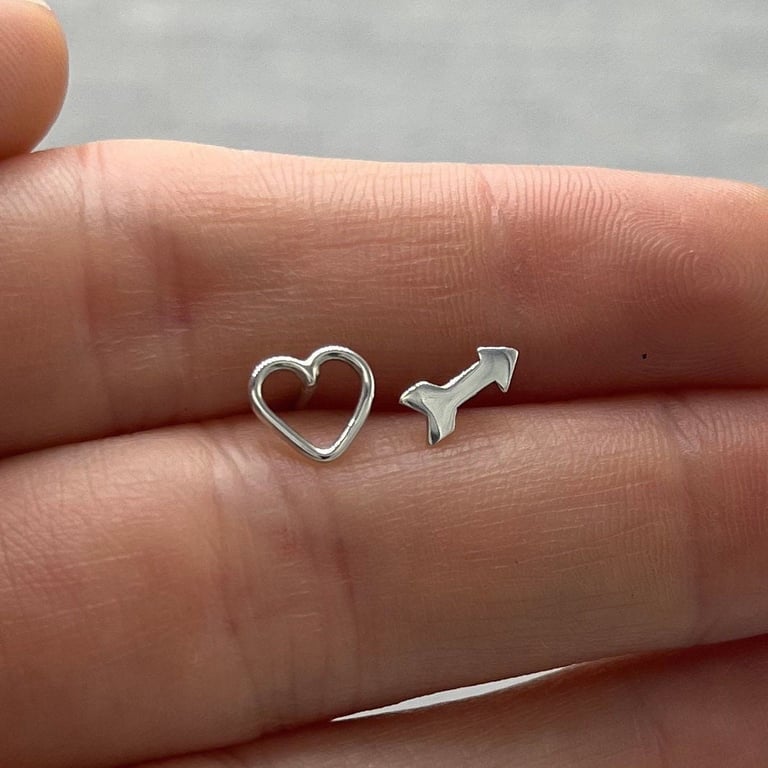 Heart & Arrow Stud Earrings - Handmade, Sterling Silver 
