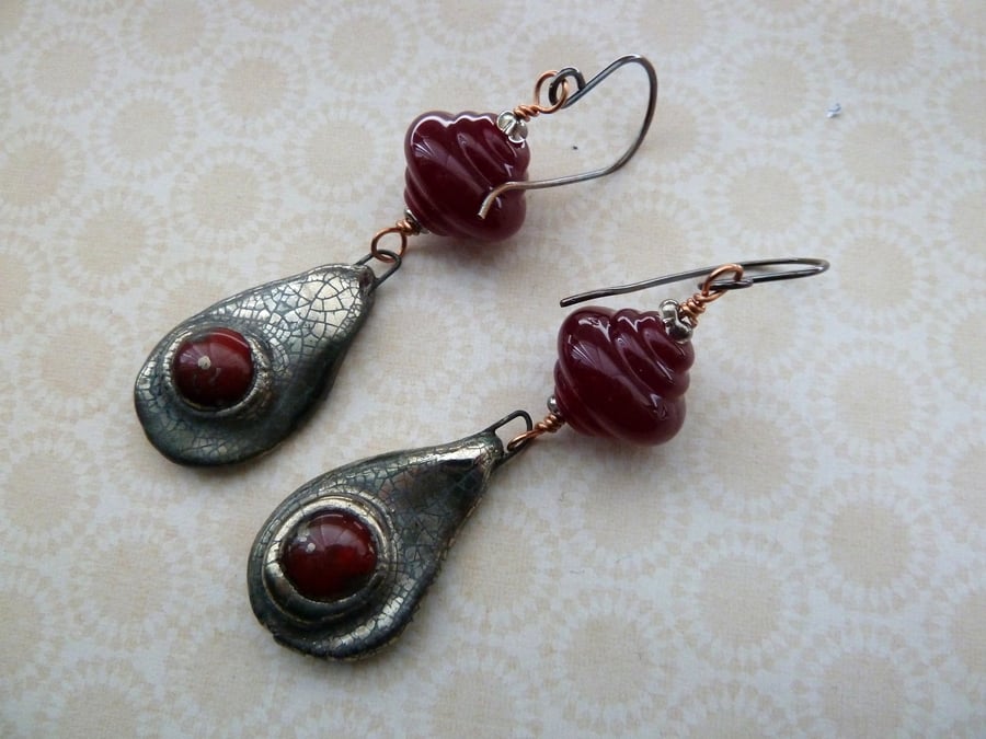 SALE lampwork copper and ceramic red drop earrings