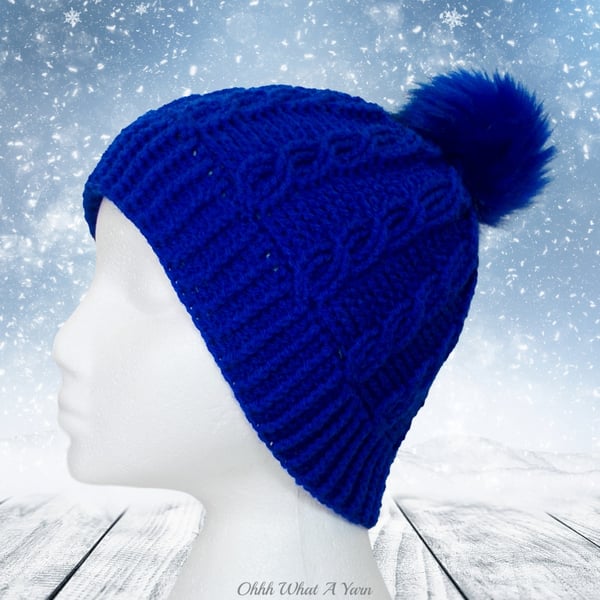 Crochet hat, beanie. Royal blue ladies cable pom pom hat. Ladies hat.