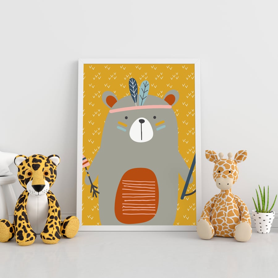 Illustrated tribal bear nursery child's bedroom print