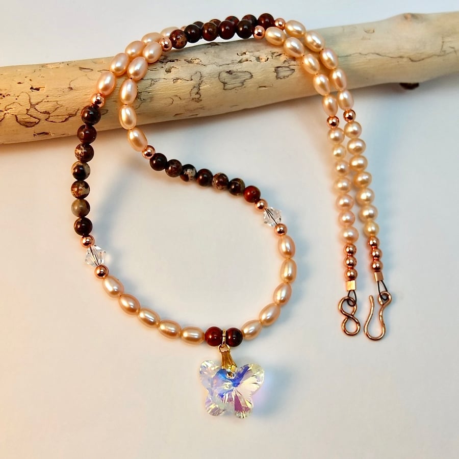 Freshwater Pearl And Jasper Necklace With Crystal Butterfly - Handmade In Devon.