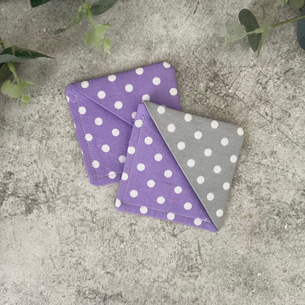 Fabric Corner Bookmark Pair in Purple & Grey Polka dot Design, Book Lover