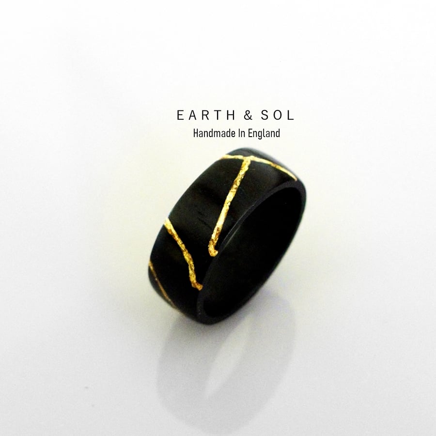 Kintsugi Ring. Ebony Wood & 'Real' 22ct Gold Inlay.