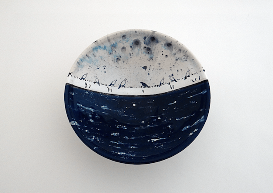 Ceramic bowl, birds on a wire under stormy sky - handmade pottery