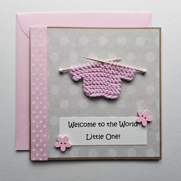 Pink Knitted New Baby Girl Card Size 5" x 5" (12.5cm x 12.5cm)