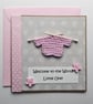 Pink Knitted New Baby Girl Card Size 5" x 5" (12.5cm x 12.5cm)