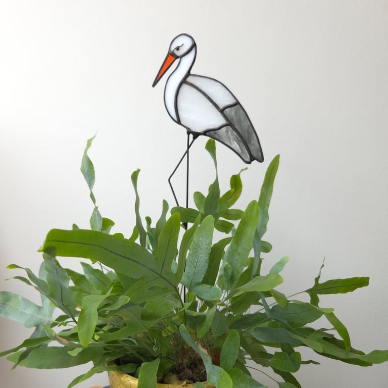 Handcrafted Stained Glass White Stork Plant Stake Unique Gift