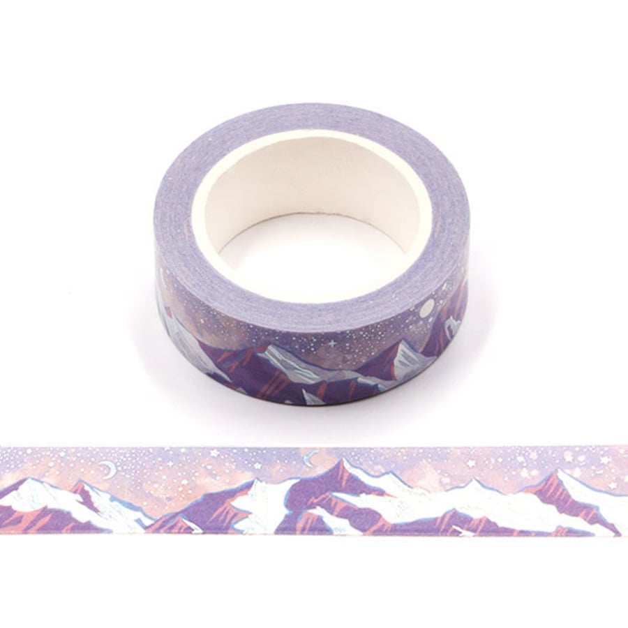 Snow Mountain Washi Tape Silver Foil Embossed Moon and Stars 15mm x 10 Meters Bu
