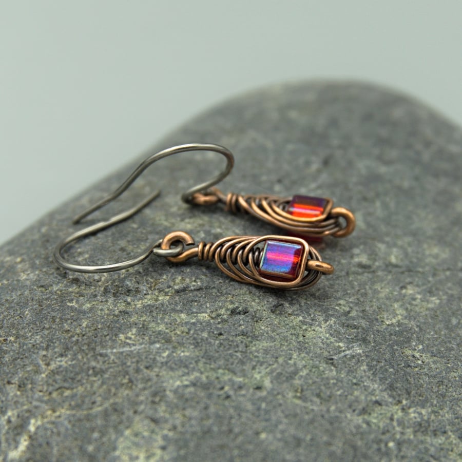 Copper Wire Wrapped Red AB Glass Cube Earrings