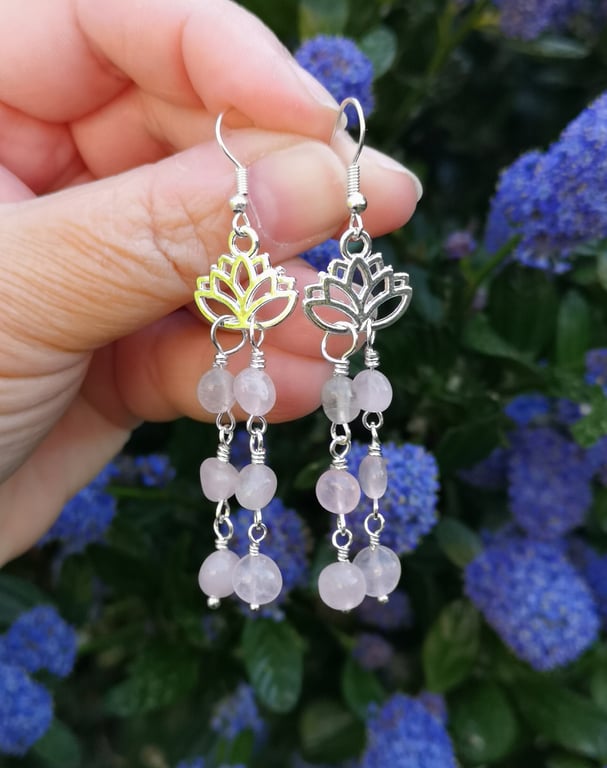 Rose quartz drop and lotus flower silver plated earrings