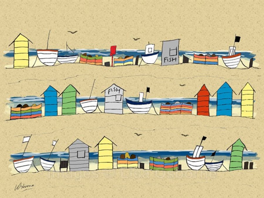 Beach huts and boats - print