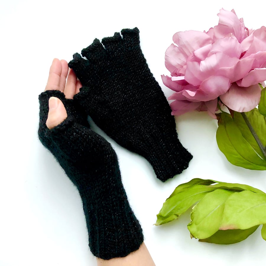 Fingerless gloves - black and silver wrist warmers SALE