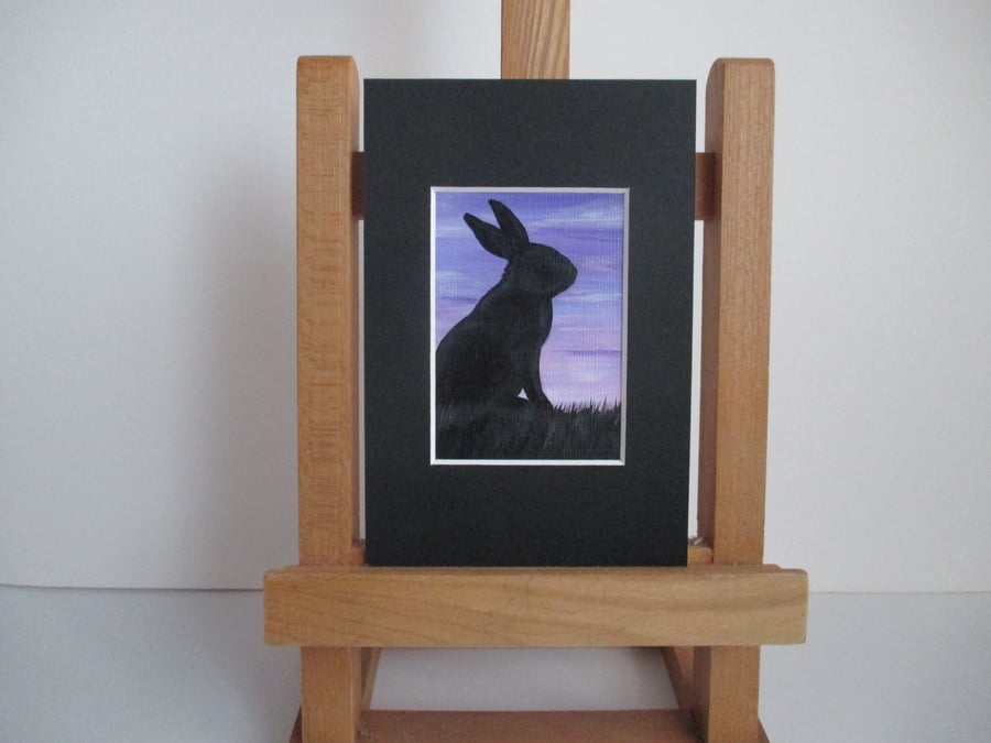 ACEO painting Bunny Rabbit Silhouette original art mounted ready to frame purple
