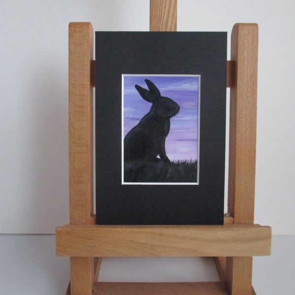 ACEO painting Bunny Rabbit Silhouette original art mounted ready to frame purple
