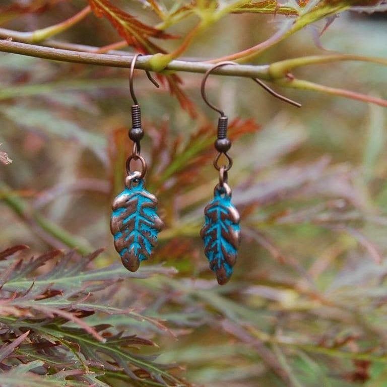 Copper & Turquoise Leaf Earrings - Woodland Inspired Autumn Jewellery