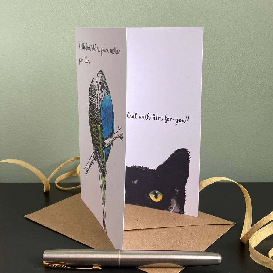 Funny Cat Birthday Card. A little bird told me... Cat can be personalised.