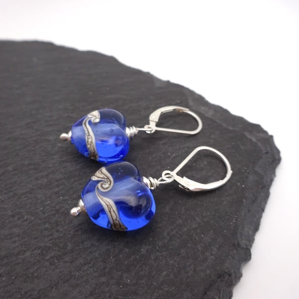 blue lampwork glass heart earrings, lever back sterling silver 