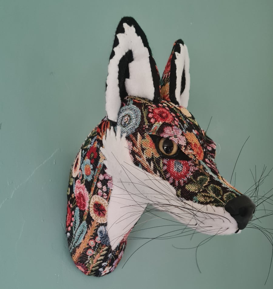 Faux fox wall mount in floral  Kew Gardens tapestry fabric