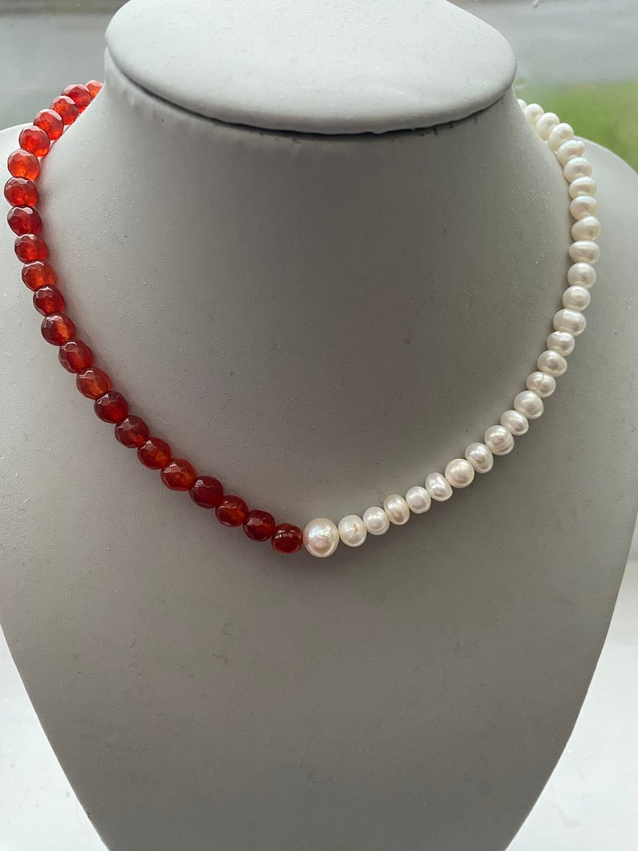 Red Brazilian Rubies & Freshwater Pearl Short Necklace Two tone Choker 