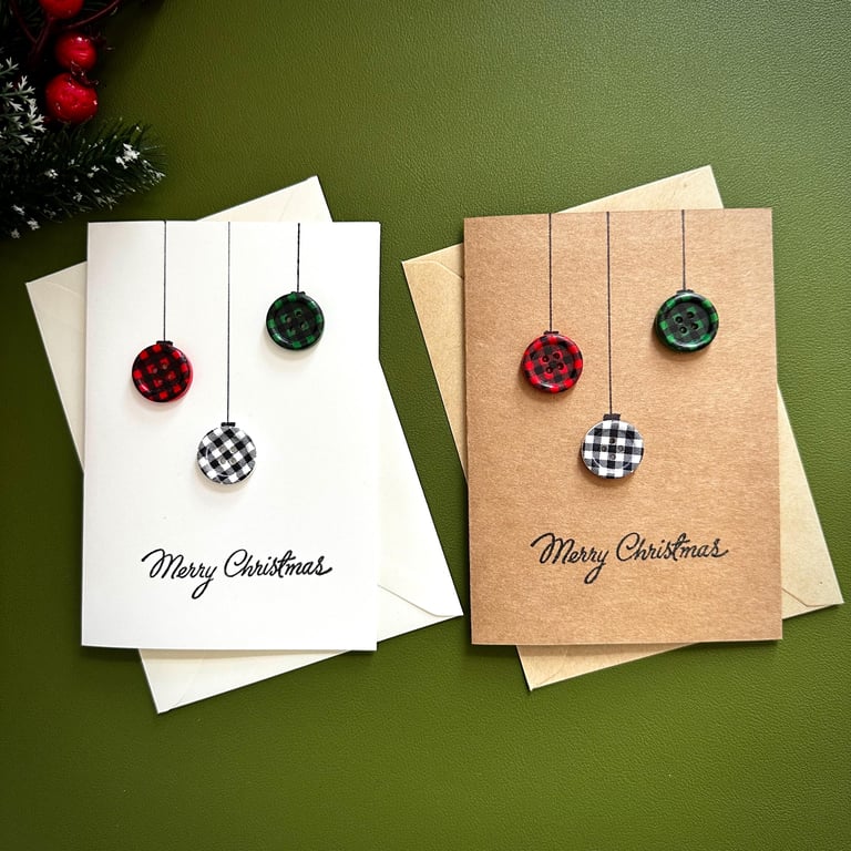Christmas bauble gingham button card handmade winter holiday greeting card