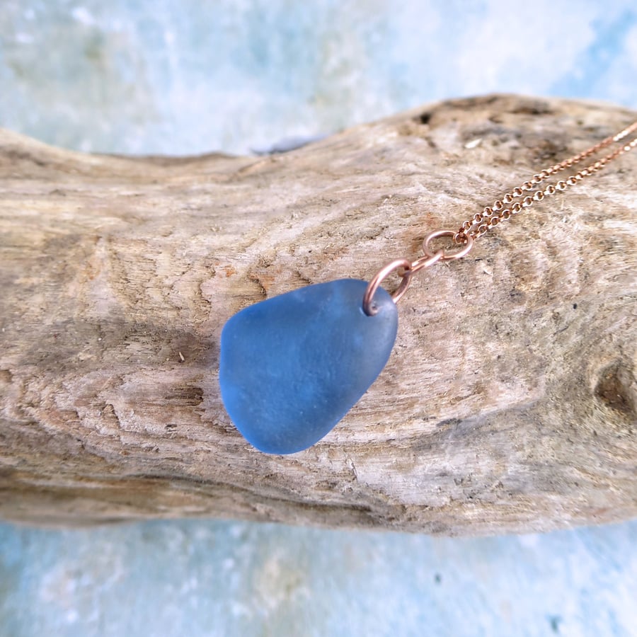 Rose Gold Sea Glass Pendant, Blue Necklace, Simple Luxury Jewellery