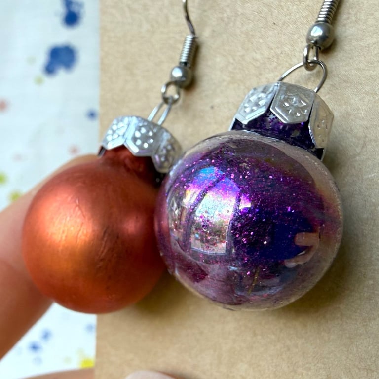 Mixed Orange and Purple Glass Mini Bauble Earrings - Festive - Super Seconds