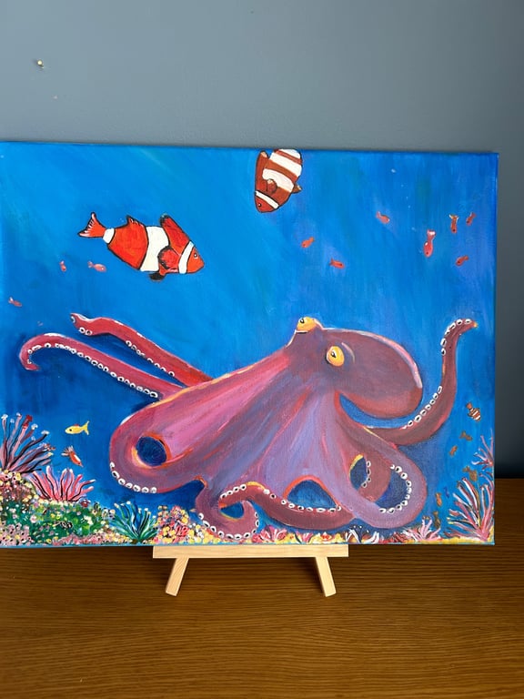 Curious octopus & clownfish original acrylic painting 20x16"