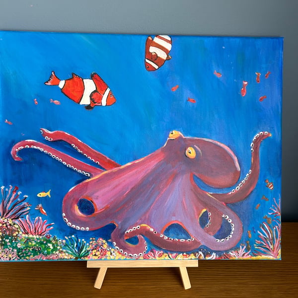 Curious octopus & clownfish original acrylic painting 20x16"