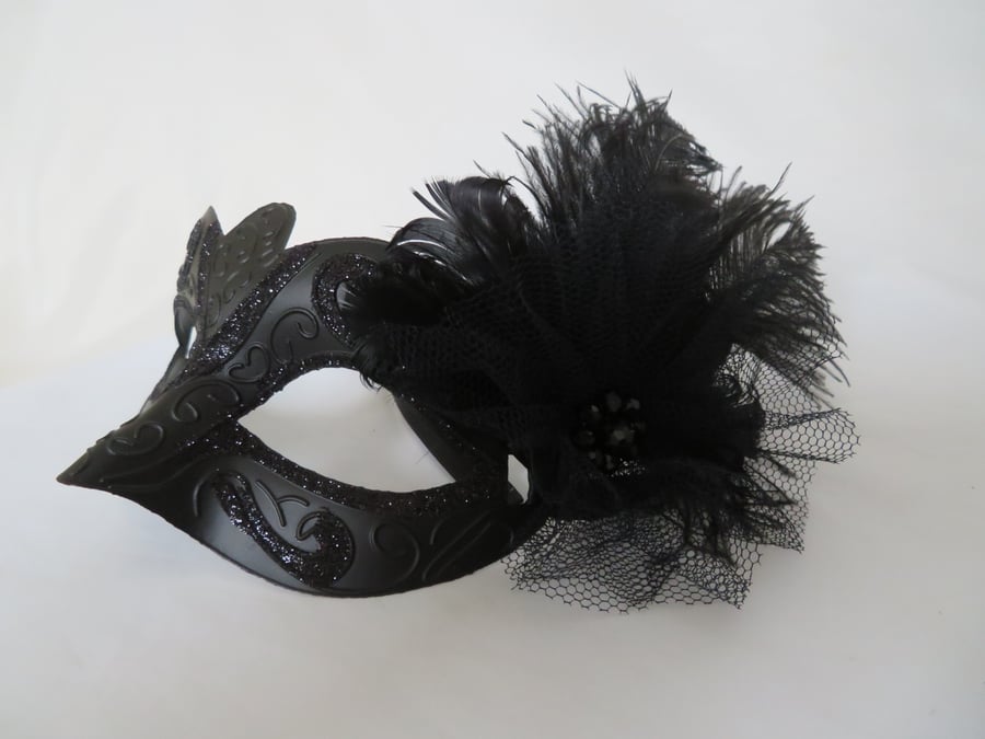 Black Feather & Tulle Glittered Bespoke Halloween Masquerade Mask