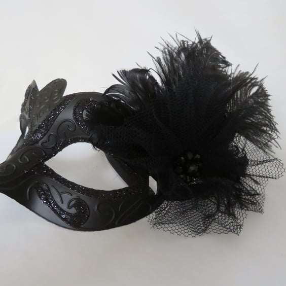 Black Feather & Tulle Glittered Bespoke Halloween Masquerade Mask