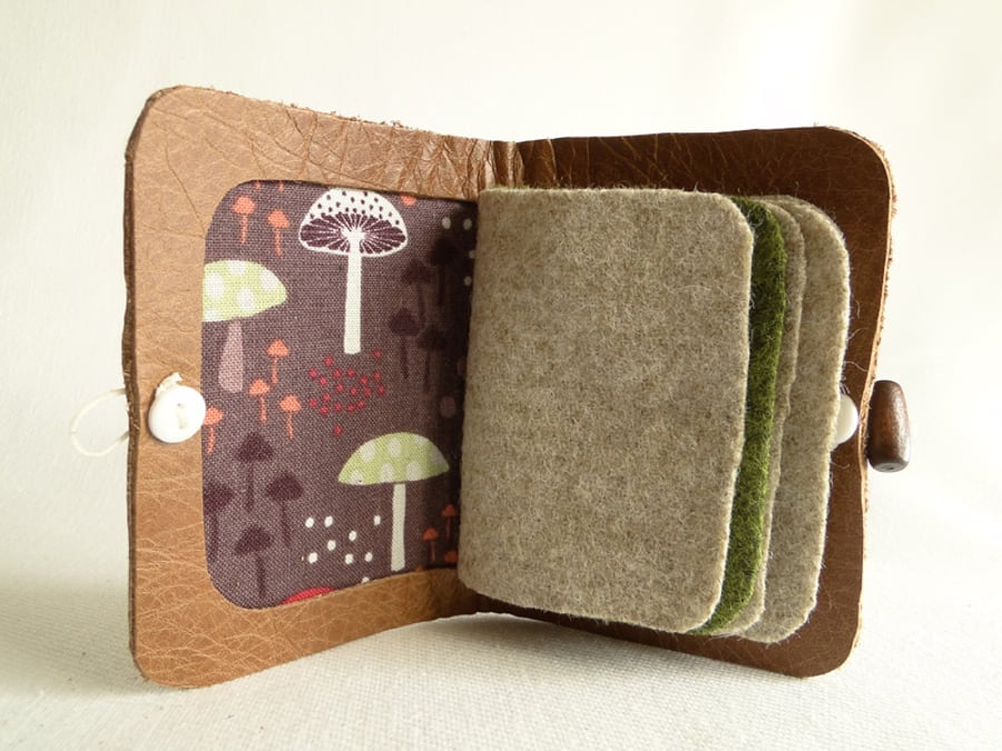 Needle Case in Brown Leather with Toadstool Fabric Interior - Needle Book