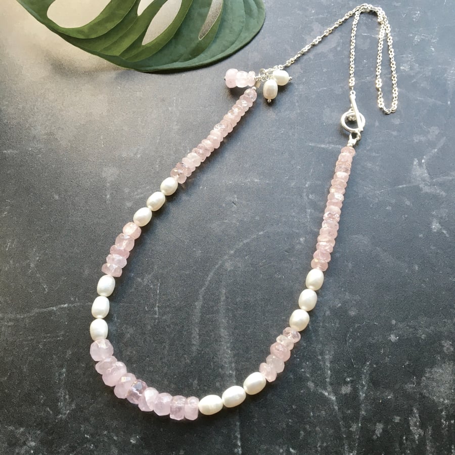Morganite, Freshwater Pearl and Sterling Silver Necklace
