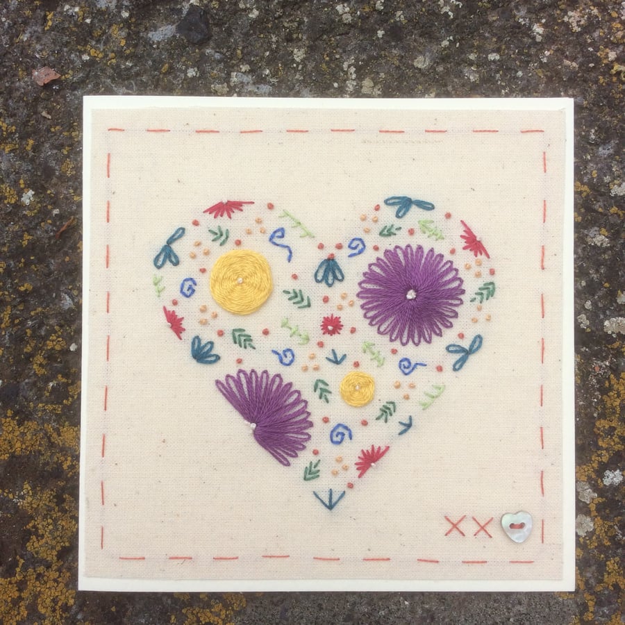 Festival brights floral heart hand embroidered card