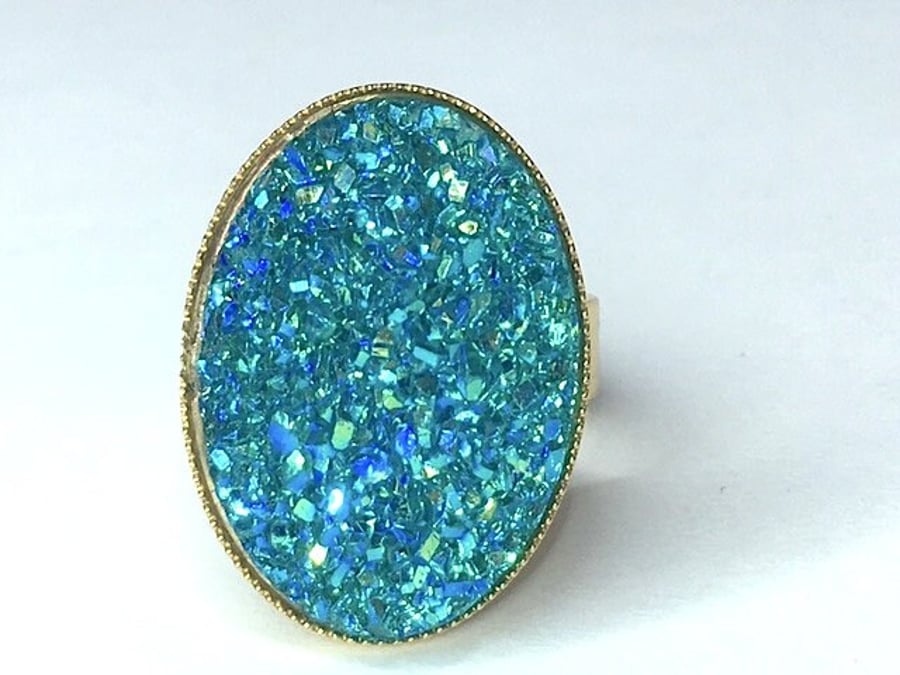 AQUAMARINE DRUZY RING faux druzy gold plated fits all sizes glitter disco oval