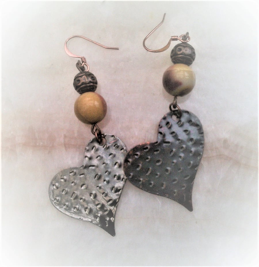 Long Dangle Heart Mookaite Jasper Earrings, Earthy Tones Copper Jewellery