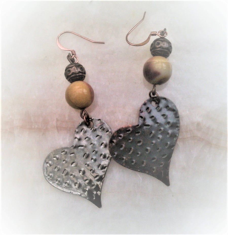 Long Dangle Heart Mookaite Jasper Earrings, Earthy Tones Copper Jewellery