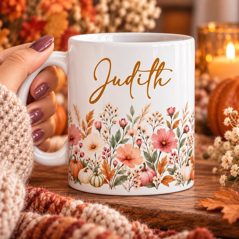 Personalised Autumal Floral Mug – Flower Gift for Mum, Grandma or Friends