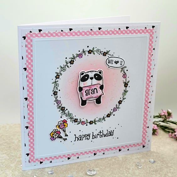 Gran Birthday Card - Cards - handmade, floral wreath, panda, blank inside