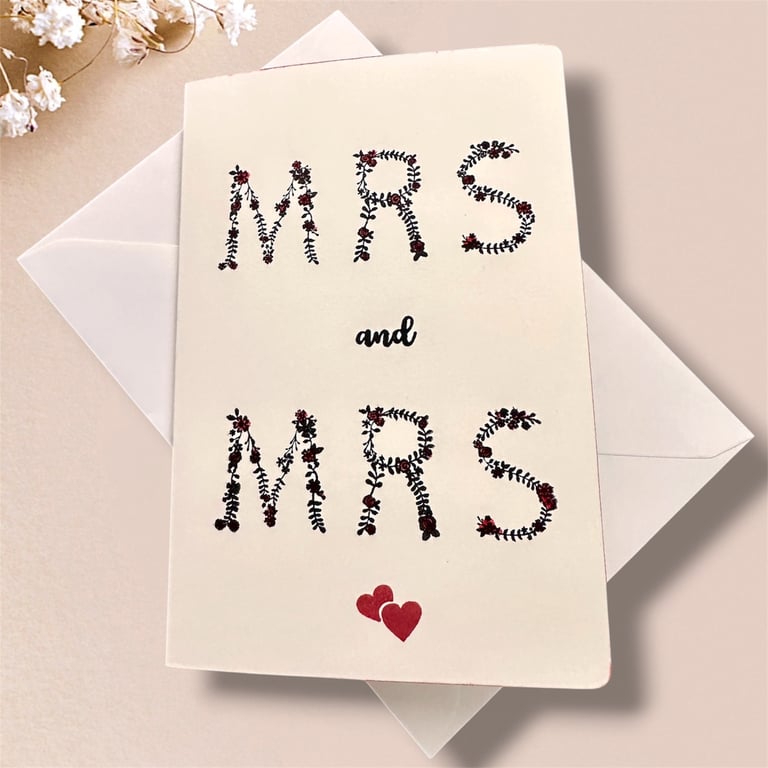 Mrs & Mrs Wedding Congratulations Card, Floral Text, hearts for lesbian Couple