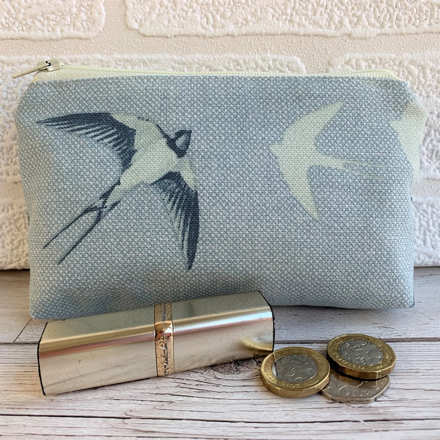 Large purse, coin purse in blue with flying swallows print pattern 