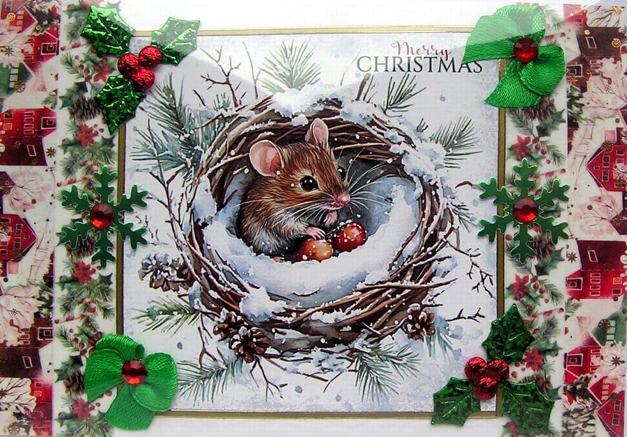 Hand Crafted Decoupage Chistmas Card - Merry Christmas (3235) Mouse in a Nest