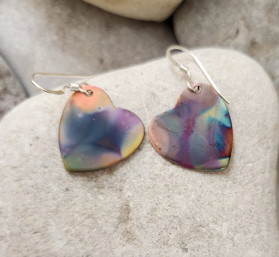 Heart earrings in flame painted copper