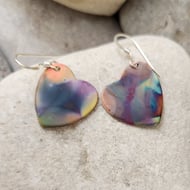 Heart earrings in flame painted copper