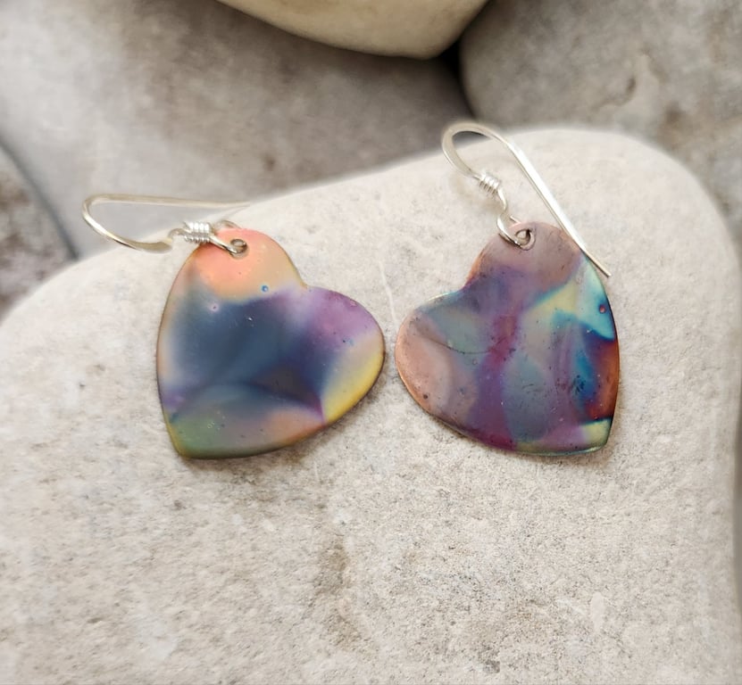 Heart earrings in flame painted copper