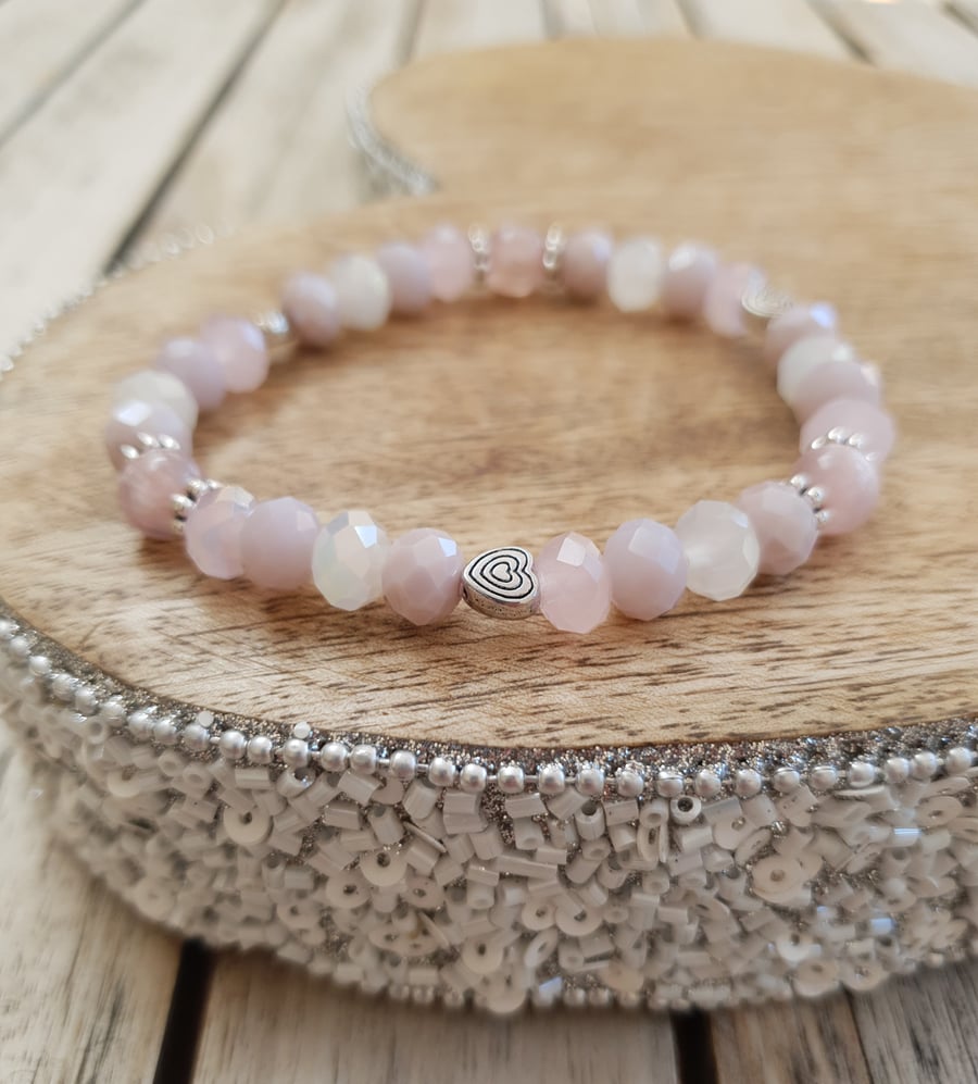 Elasticated Bracelet - Pink Swarovski Crystal Mixed Bead with Heart Detail