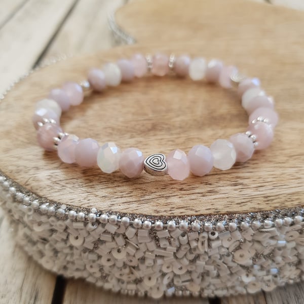 Elasticated Bracelet - Pink Swarovski Crystal Mixed Bead with Heart Detail