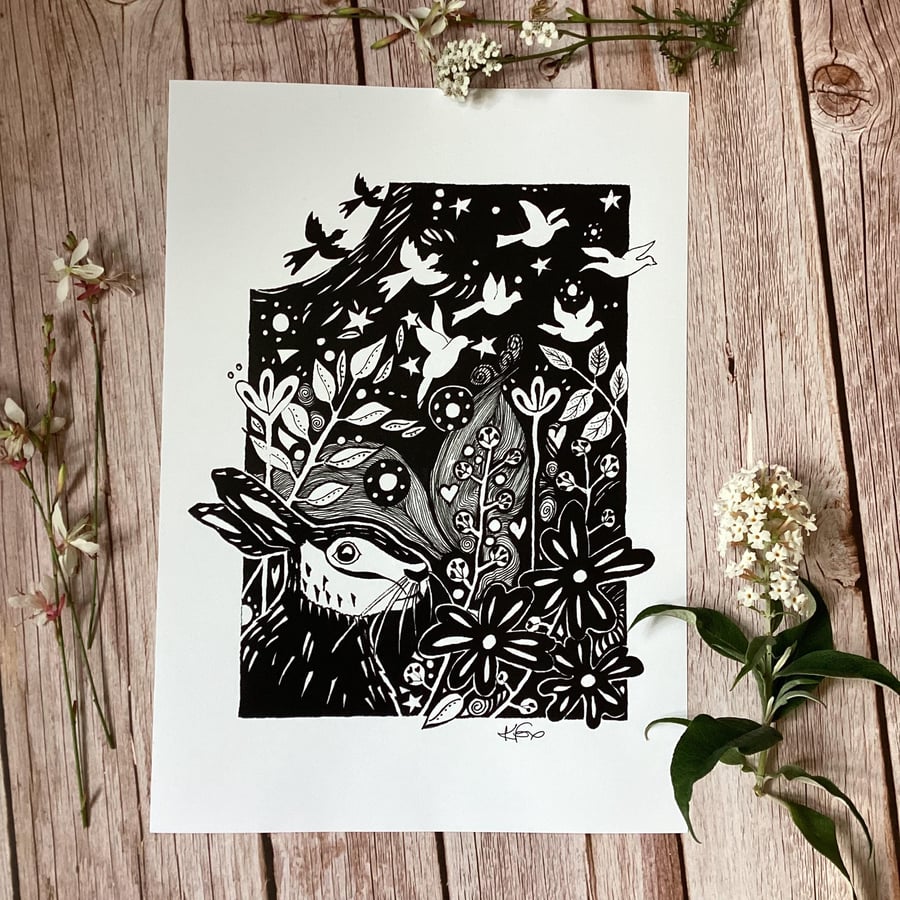 Hare Art, Black and White Hare print, Boho Wall Art, Hare lovers gift