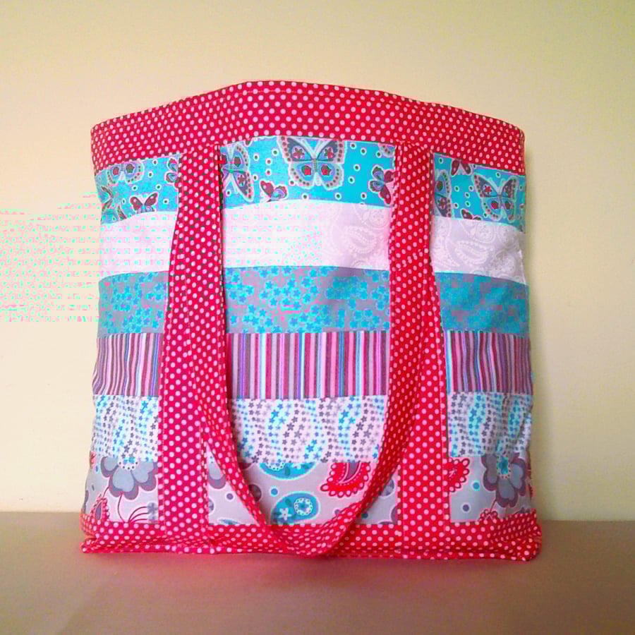 Large Tote Bag Salmon Pink & Teal 